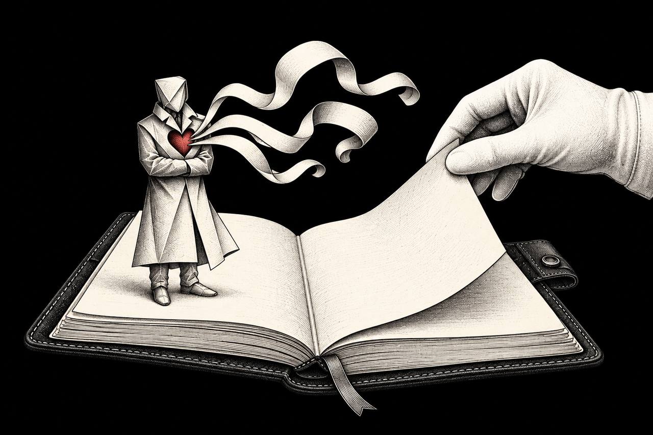An ink-drawn gloved hand lifts a diary page beside a paper figure with a red heart and ribbons spilling from its chest.