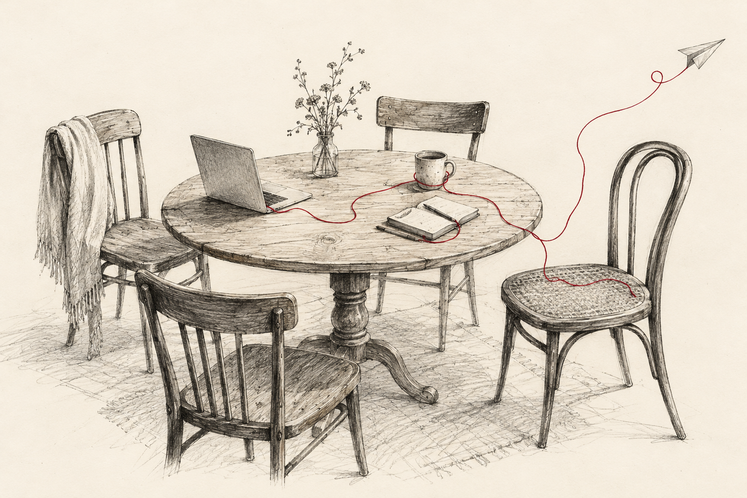A pencil drawing of a table and four chairs